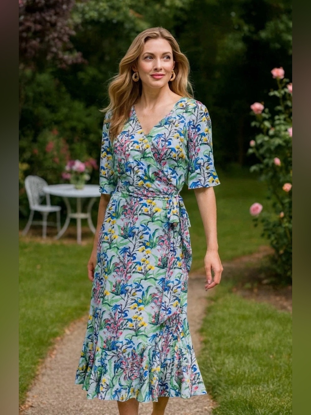 J. McLaughlin EUC Sz M Audette Light Blue Floral Maxi Wrap Ruffled Dress (0771)